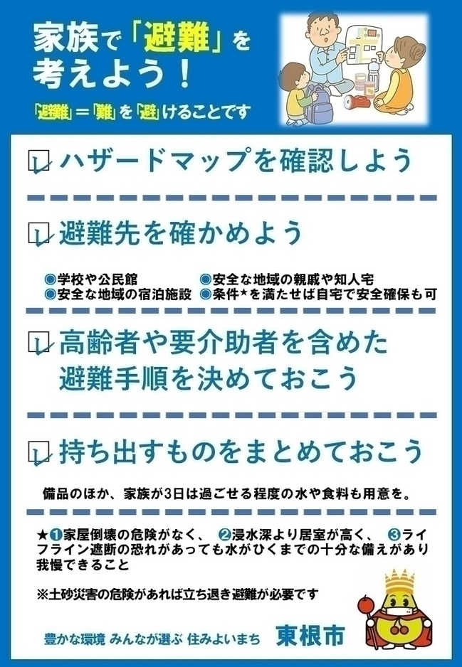 家族で「避難」を考えよう
 ・ハ ザードマップを確認しよう。・避難先を確かめよう。・高齢者や用介助者を含めた避難手順を決めておこう。・持ち出すものをまとめておこう。