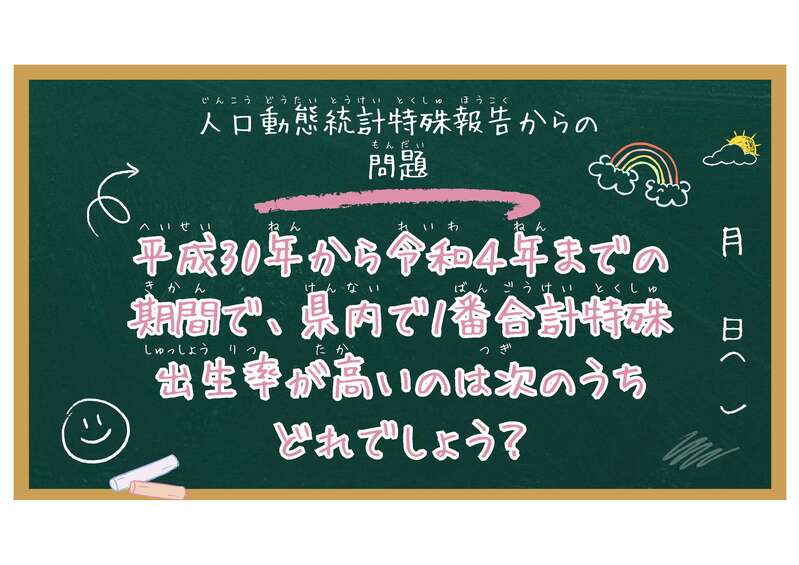 人口動態統計特殊報告で平成30年から令和４年までの期間で、県内で1番合計特殊出生率が高いのは次のうちどれでしょう？