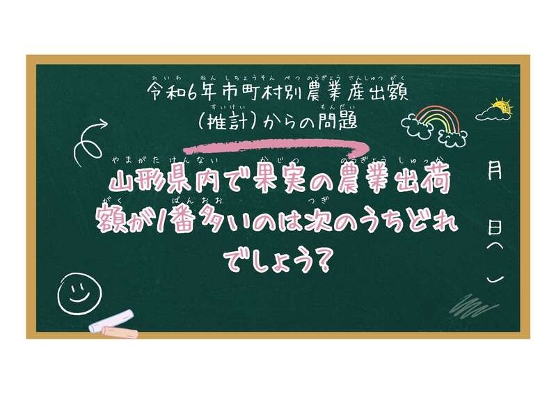 令和6年市町村別農業産出額（推計）で山形県内で果実の農業出荷額が１番多いのは次のうちどれでしょう？